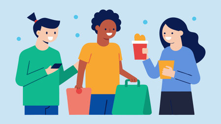 Consulting Each Other A friend shows an item to another friend who looks thoughtfully while a third friend checks out new products from a shelf creating a lively shopping.の素材