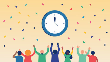 Countdown Excitement A clock showing midnight with festive confetti falling around a group of enthusiastic shoppers lined up and looking at the clock..の素材