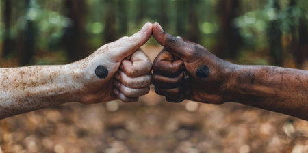 Two hands clasping in a prayer position one hand with a black yin symbol and the other with a white yang symbol signifying the unity and cooperation between opposing forces.の素材