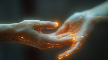 A macro shot of two fingers in close contact the tips emitting a subtle but visible light illustrating the concept of mindtomind communication without wordsの素材