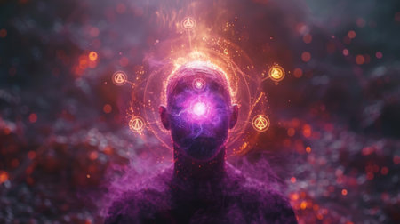 A person in a deep state of meditation with their third eye glowing a vibrant purple. Surrounding them are different chakra symbols each emitting its own unique vibratioの素材