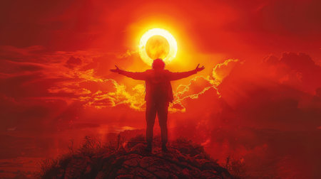 A person stands on a mountaintop their arms outstretched and head tilted back as they bask in the warm glow of a rising sun. Their third eye appears to be activated castinの素材