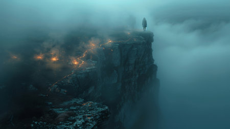 A person standing on the edge of a cliff gazing into a deep dark abyss that seems to lead to another realmの素材