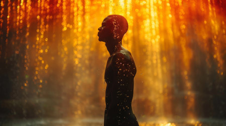 A figure silhouetted against a dark background with rays of bright light emanating from their body representing the awakening of inner light and wisdomの素材