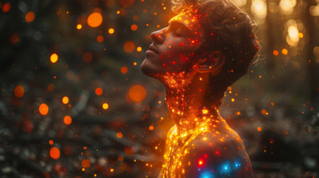 A person with closed eyes sitting in a meditative position surrounded by a glowing aura of energy. Small orbs of light can be seen swirling around their body following thの素材