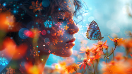 A montage of images including a person practicing yoga a prism refracting light and a butterfly landing on a flower all overlayed with layers of vibrant colors showcasinの素材