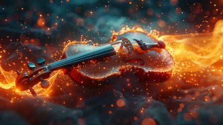 A closeup of a violin string being plucked with visible sound waves emanating from it and transforming into physical objects in the roomの素材