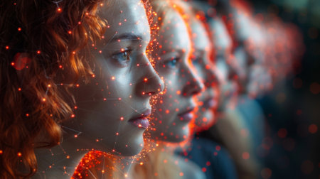 A collage of peoples faces with strings connecting their minds showing the impact of collective thoughts and intentions on shaping the worldの素材