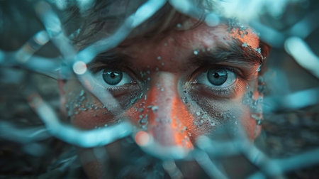 A person with a perplexed expression staring at their reflection in a mirror that is cracked and distorted representing the illusory nature of our perceived realityの素材