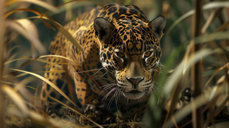 A jaguar stalks its prey embodying the concept of quantum superposition and the simultaneous existence of multiple statesの素材