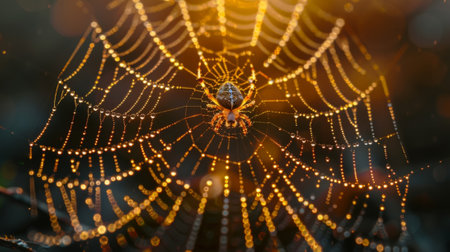 A closeup photograph of a dewcovered spider web highlighting the delicate and intricate network of interconnected threads mirroring the vast and complex structure of the universeの素材
