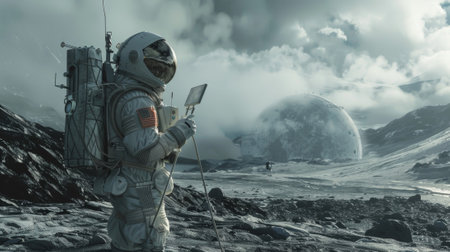 A lone astronaut equipped with a specialized device stands on a desolate planet and communicates with their home base using the neutrino communication networkの素材