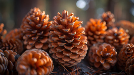 A pile of fallen pinecones each displaying their own unique and mesmerizing pattern formed by the arrangement of seedsの素材