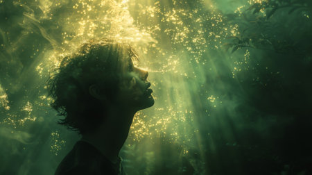 A person looking perplexed as they experience a wave of familiarity while a bright spotlight shines on their brain showcasing the regions associated with memory and recognitionの素材