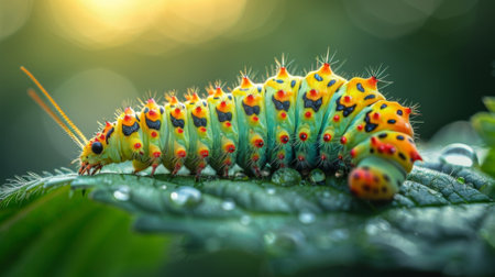 A caterpillar crawls along a leaf representing the humble beginnings and slow process of growth and transformation towards a more conscious and connected relationship witの素材