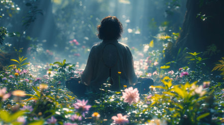 A person sitting in a peaceful garden surrounded by blooming flowers and lush greenery. In their hands they hold a dreamcatcher visualizing their desires and intentions aの素材
