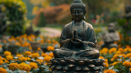 A bronze statue of a meditating Buddha seated in lotus pose with closed eyes and a serene expression conveying the principles of mindfulness and inner peaceの素材