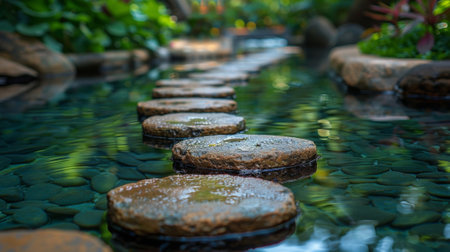 A peaceful pond filled with floating stones each one representing a different aspect of the self. The stones are arranged in perfect harmony symbolizing the balance and claritの素材