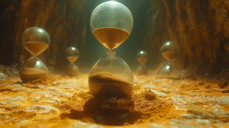 A closeup of a sand timer with the sand slowly sifting through reminding us of the passing of time and the inevitability of its cycleの素材