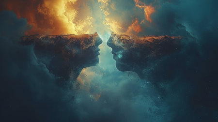 A thought bubble bridge connecting two separate minds representing the powerful connection and understanding between two peopleの素材