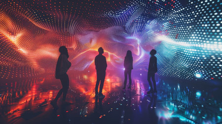 A group of friends taking a break from dancing to admire the mesmerizing patterns created by the quantum dotsの素材