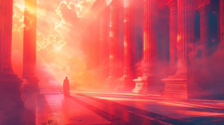 Rays of sunlight streaming through the temples windows illuminating the figure and creating an ethereal auraの素材