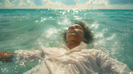 A person lying on a beach with their eyes closed and arms outstretched as their ethereal form hovers above the water able to see both the physical and spiritual realms simultaneouslyの素材