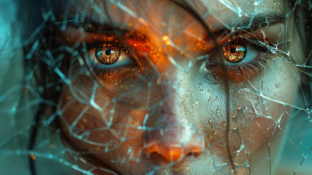 A closeup photograph of a persons face the features distorted and doubled as if viewed through a broken mirror symbolizing the multiple possibilities and unknown outcomeの素材