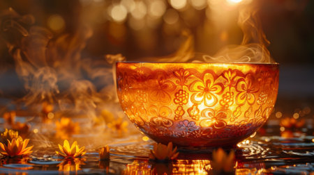 A closeup of a crystal singing bowl with vibrant patterns etched into its surface as it emits soothing tones that seem to resonate throughout the roomの素材