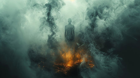 A dreamy surreal landscape with a figure standing in the center their body and mind merged with the stars representing a complete understanding of the interconnectedness oの素材