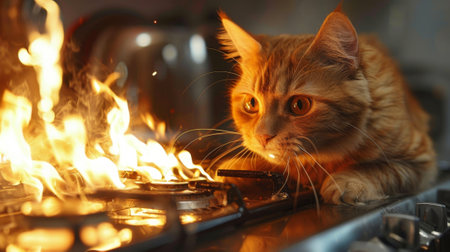 A curious cat jumps onto the kitchen counter inadvertently turning on the stove and causing a fire to start resulting in a hasty evacuation from the houseの素材