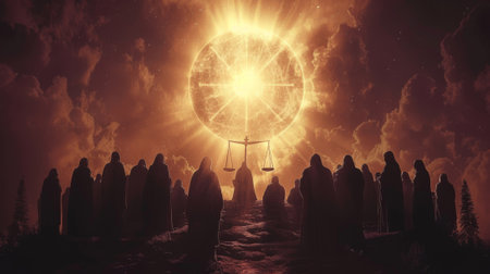 A celestial court of ethereal beings gathers around the throne their eyes fixed on a shimmering scale representing the balance of justiceの素材