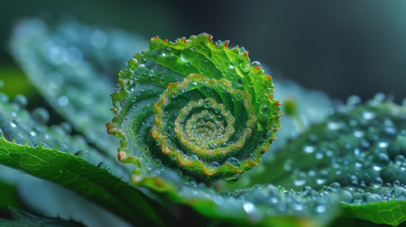 A macro shot of a plants bud showing the small tightly packed leaves emerging in a tight spiral pattern ready to unfurlの素材
