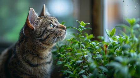 The cat sniffs curiously at a potted plant knocking it over in the process which leads to a loud crashing sound and a scared look on its faceの素材