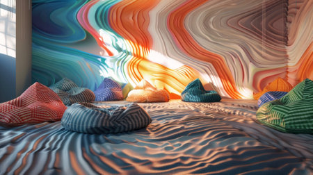 A lounge area with bean bags and cushions arranged in a chaotic and nonlinear pattern reflecting the unpredictable and unstable nature of a quantum foamの素材