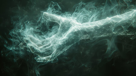 The ghostly outline of a human hand reaching out towards a geometric shape as if trying to grasp it. The shape fluctuates and changes in size and form teasing the soul witの素材