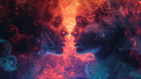 Two individuals surrounded by overlapping thought bubbles symbolizing the constant exchange and evolution of ideas between themの素材