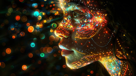 The dancers face and body adorned with intricate patterns and symbols depicting the connection between cosmic energy and the physical formの素材