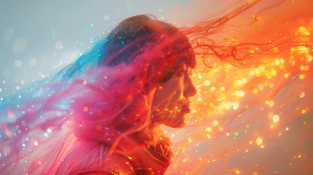 A series of photographs depicting the same person in different poses and environments with their auras and vibrational fields changing in color and intensity. This serieの素材