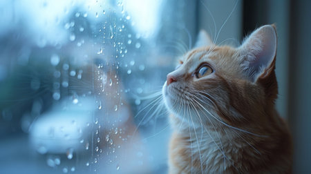 A photo of a cat standing in front of a mirror its reflection showing a distorted and blurred image of both a living and deceased catの素材