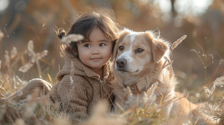 A child and a dog playing together in a field capturing the bond and mutual understanding between humans and animalsの素材