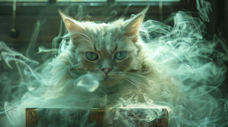 A phantom cat wispy and ghostly hovering over an unod box as if taunting with its otherworldly presenceの素材