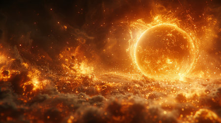 A depiction of fiery planets and celestial bodies spinning on a cosmic wheel evoking a sense of chaos and purpose in the universeの素材