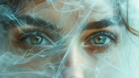 A pair of eyes gaze into a mirror their reflection distorted by an ethereal veil that hints at the infinite possibilities and hidden secrets of the soulの素材