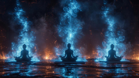A group of meditating figures bathed in a calming blue light their bodies seemingly connected to the very vibrations of the universeの素材