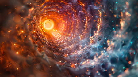 A split image with one side showing particles in a confined isolated space and the other side showing particles in a state of entanglement illustrating the transformativの素材