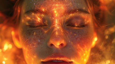 A closeup photograph of a persons face their eyes closed in deep concentration. Above the persons head a halo of colors can be seen representing their energetic aura and thの素材