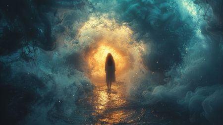 A person gazes into a dimensional portal their expression a mix of awe and curiosity as they prepare to cross overの素材
