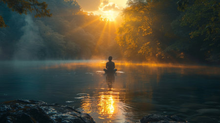 A person sits by a flowing river their eyes closed in deep contemplation as they search for inner peace and understanding. The waters gentle flow mimics the journey towardの素材