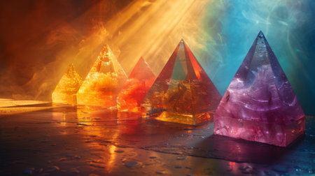 A shining prism refracting light into the five platonic solids symbolizing the perfect forms that make up the building blocks of the cosmosの素材